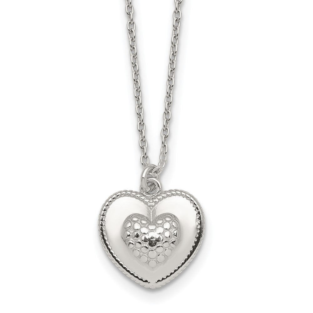 Sterling Silver Polished and Textured Heart W/ 2in Ext Necklace