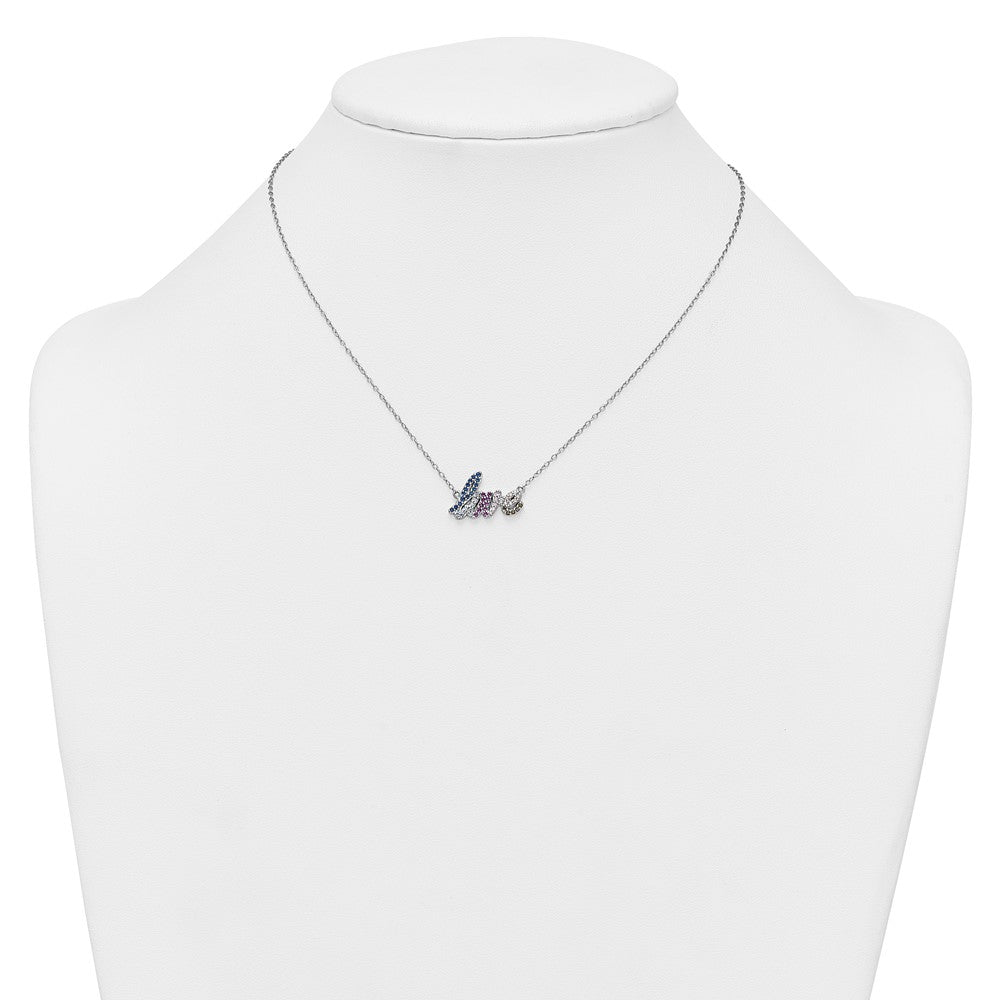 Sterling Silver Rh-Pltd Polished Multicolor CZ Love 16in w/2in Ext Necklace