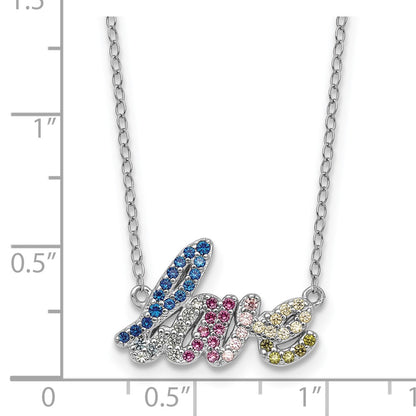 Sterling Silver Rh-Pltd Polished Multicolor CZ Love 16in w/2in Ext Necklace