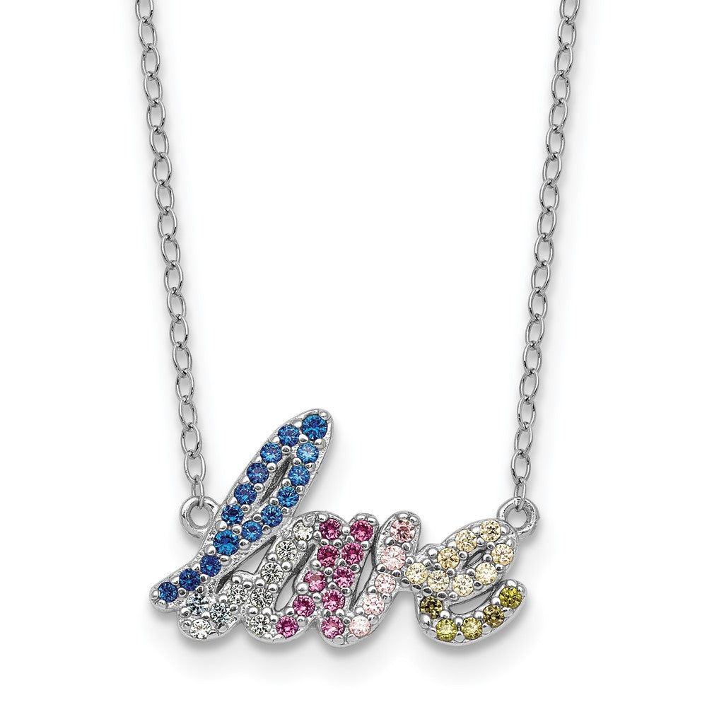 Sterling Silver Rh-Pltd Polished Multicolor CZ Love 16in w/2in Ext Necklace