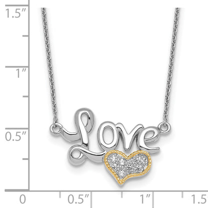 Ss Rh-Pl w/Silver/14K Two-Tone Accent Polished CZ Love with Heart w/2in Ext Necklace