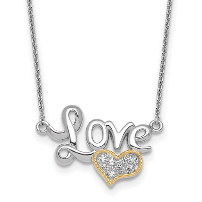 Ss Rh-Pl w/Silver/14K Two-Tone Accent Polished CZ Love with Heart w/2in Ext Necklace