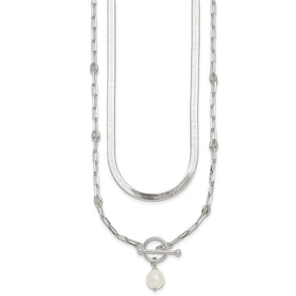 Sterling Silver Polished Crystal Pearl 2 Strand w/2in Ext Choker Necklace