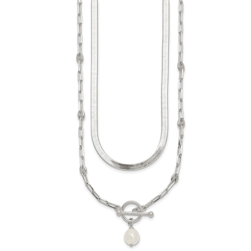 Sterling Silver Polished Crystal Pearl 2 Strand w/2in Ext Choker Necklace