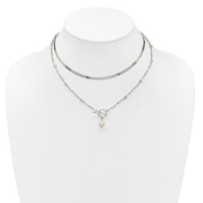 Sterling Silver Polished Crystal Pearl 2 Strand w/2in Ext Choker Necklace