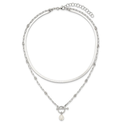 Sterling Silver Polished Crystal Pearl 2 Strand w/2in Ext Choker Necklace