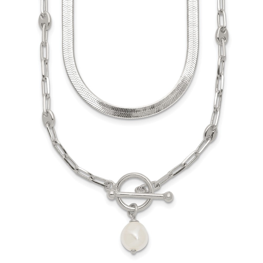 Sterling Silver Polished Crystal Pearl 2 Strand w/2in Ext Choker Necklace