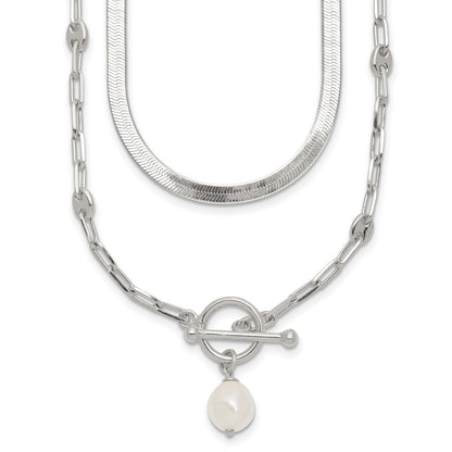 Sterling Silver Polished Crystal Pearl 2 Strand w/2in Ext Choker Necklace