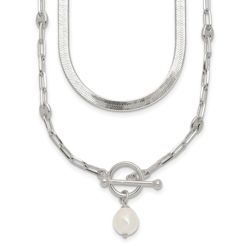 Sterling Silver Polished Crystal Pearl 2 Strand w/2in Ext Choker Necklace