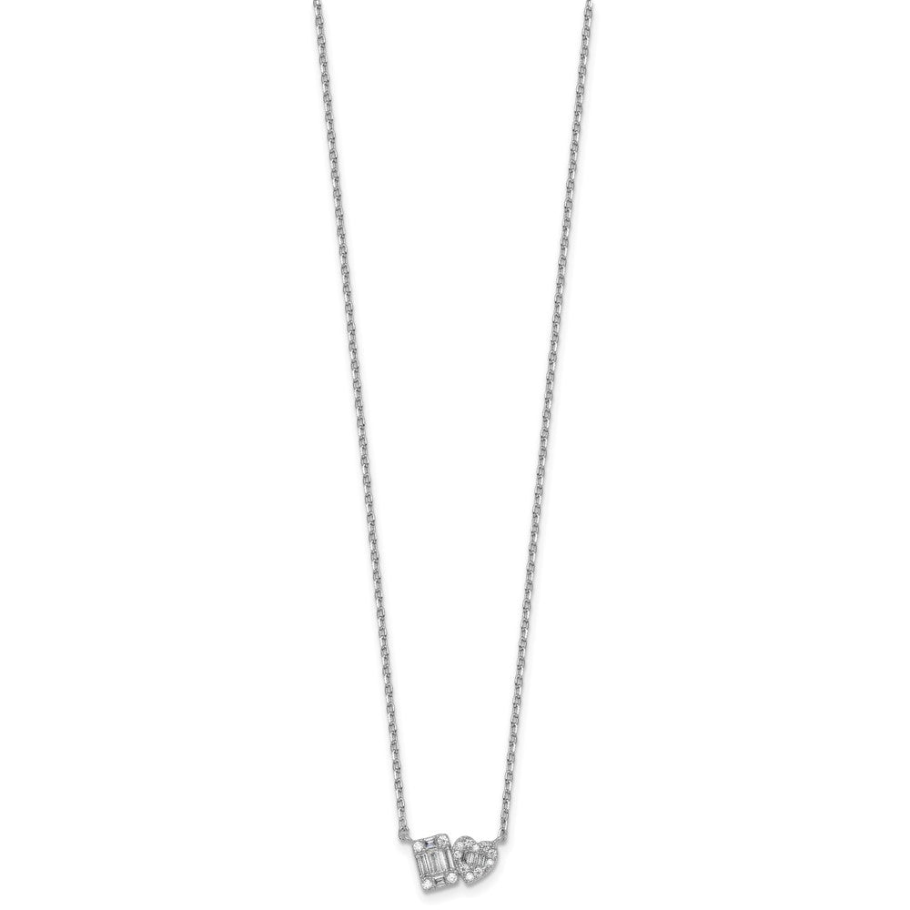 Sterling Silver Rhodium Plated CZ Heart/rectangle 16in w/2in Ext Necklace