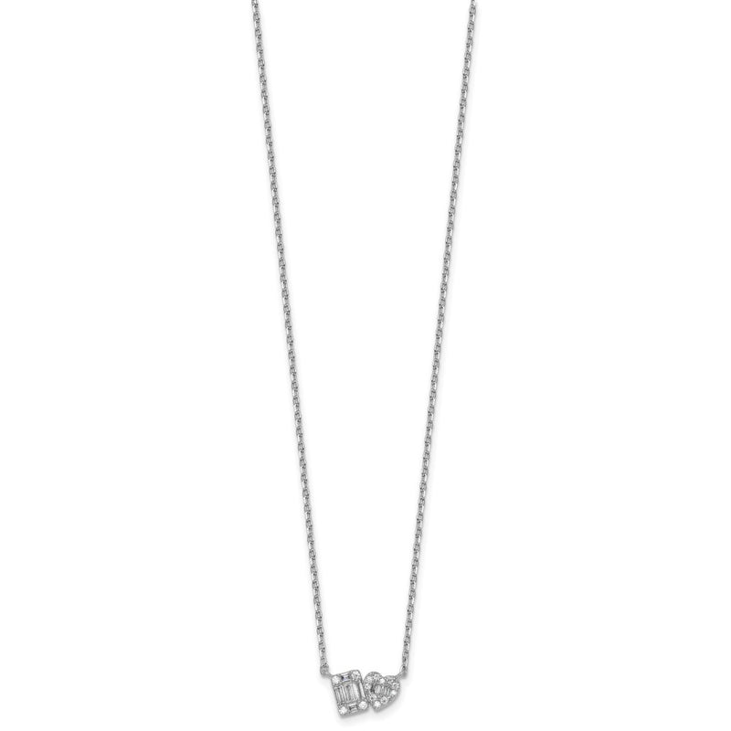 Sterling Silver Rhodium Plated CZ Heart/rectangle 16in w/2in Ext Necklace