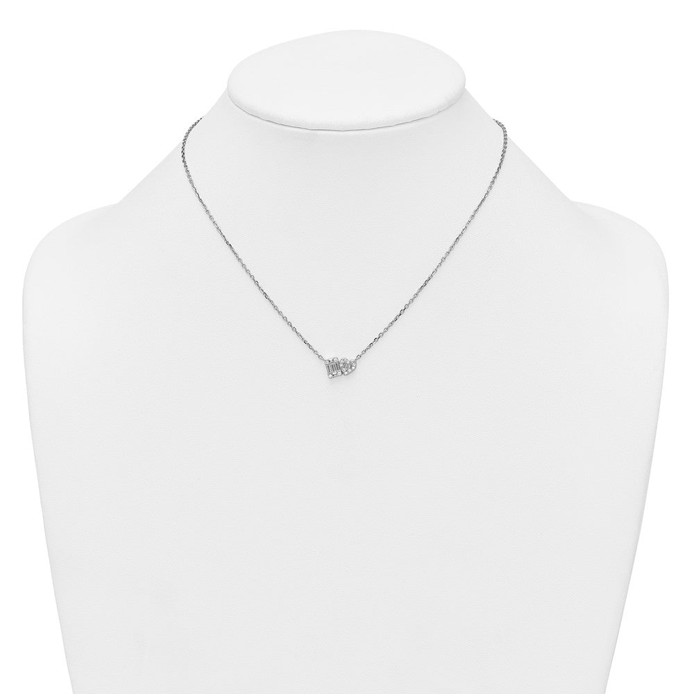 Sterling Silver Rhodium Plated CZ Heart/rectangle 16in w/2in Ext Necklace