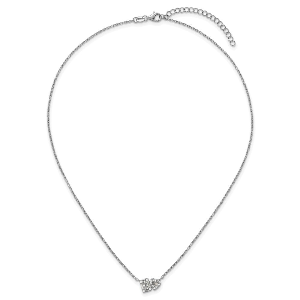 Sterling Silver Rhodium Plated CZ Heart/rectangle 16in w/2in Ext Necklace