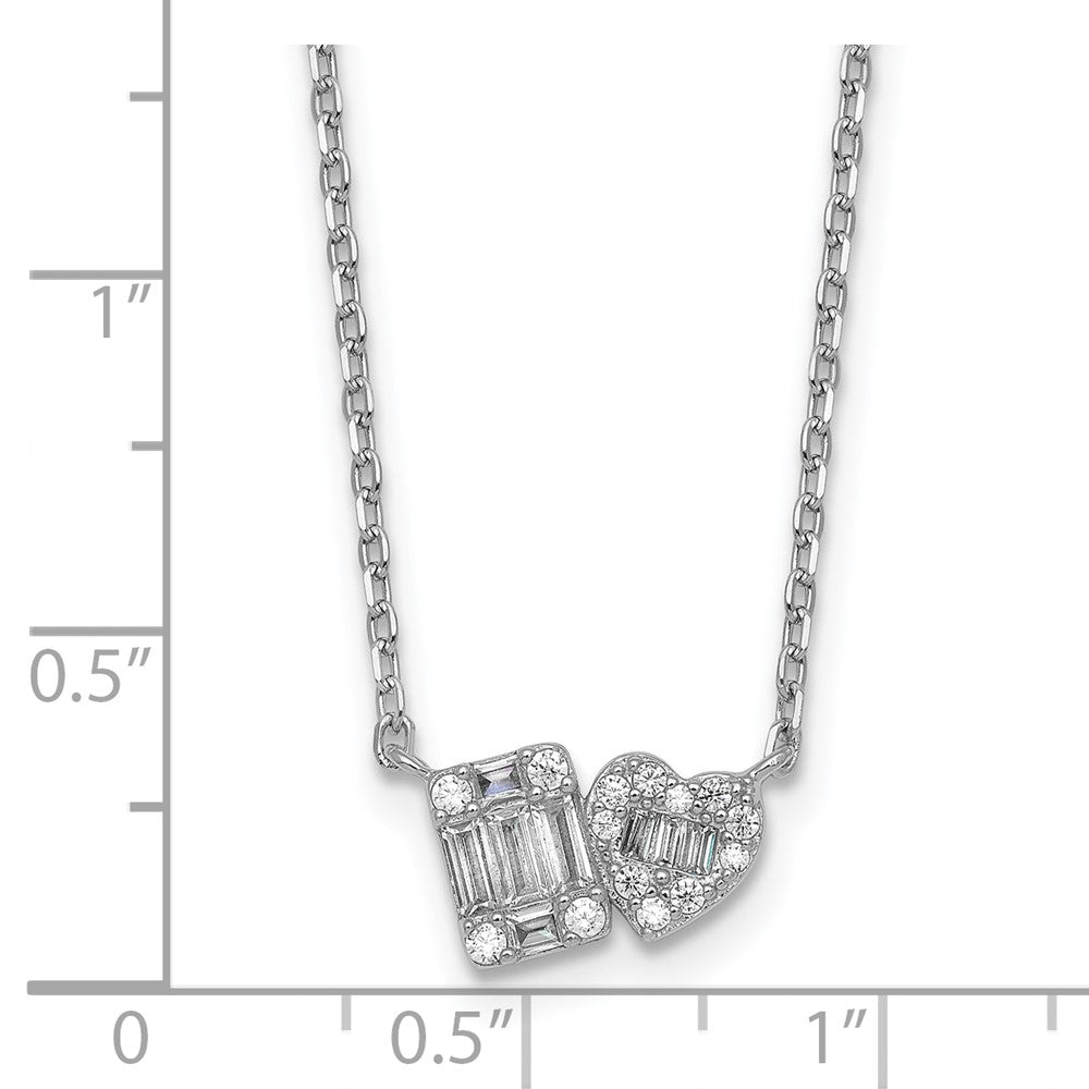 Sterling Silver Rhodium Plated CZ Heart/rectangle 16in w/2in Ext Necklace