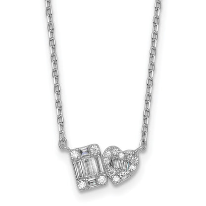 Sterling Silver Rhodium Plated CZ Heart/rectangle 16in w/2in Ext Necklace