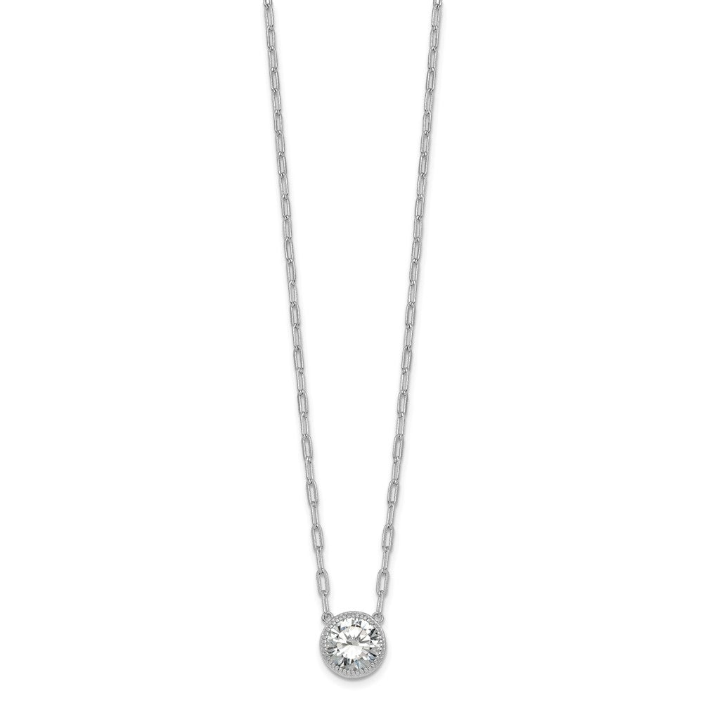Sterling Silver Rh-Pl Polished CZ Paperclip Chain Circle w/2in Ext Necklace