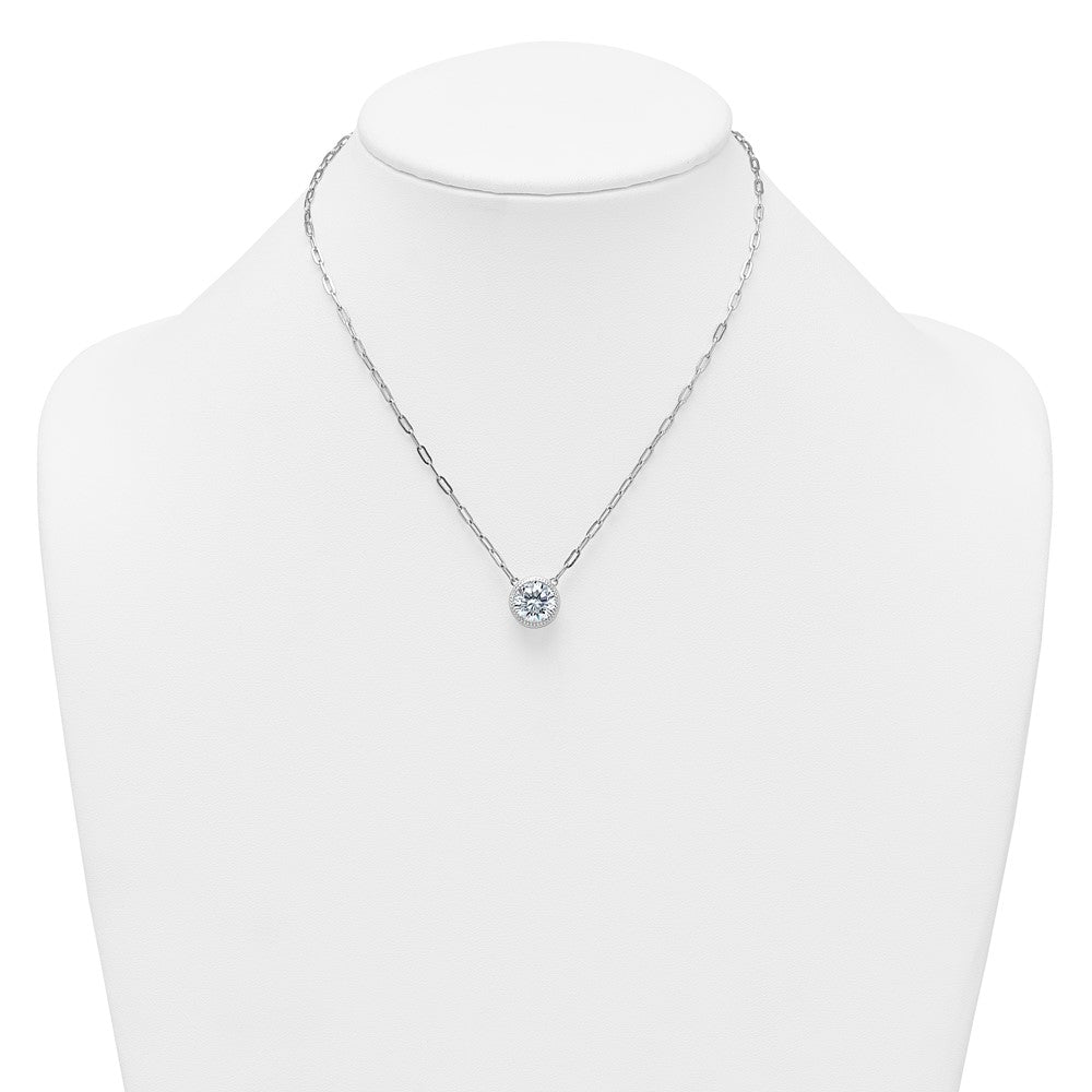 Sterling Silver Rh-Pl Polished CZ Paperclip Chain Circle w/2in Ext Necklace