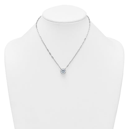 Sterling Silver Rh-Pl Polished CZ Paperclip Chain Circle w/2in Ext Necklace