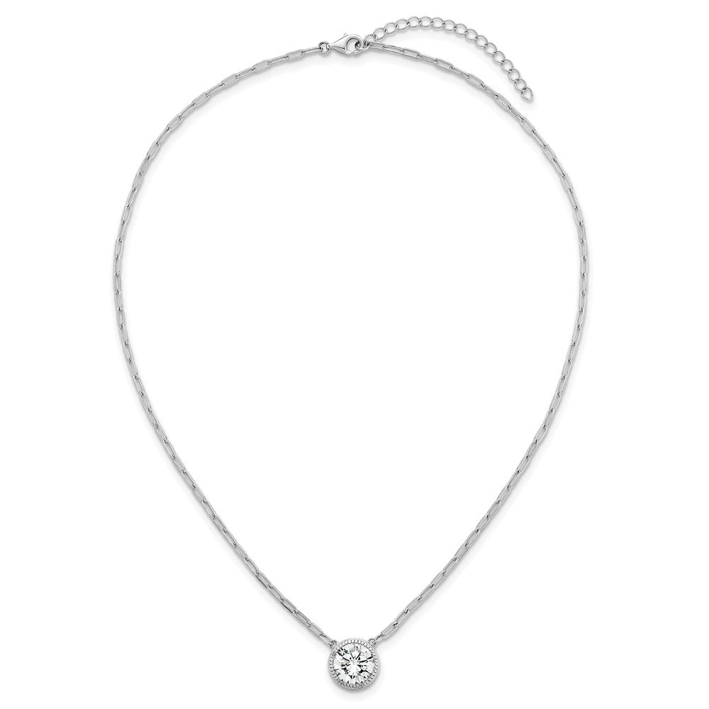 Sterling Silver Rh-Pl Polished CZ Paperclip Chain Circle w/2in Ext Necklace