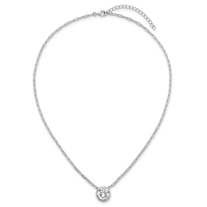 Sterling Silver Rh-Pl Polished CZ Paperclip Chain Circle w/2in Ext Necklace