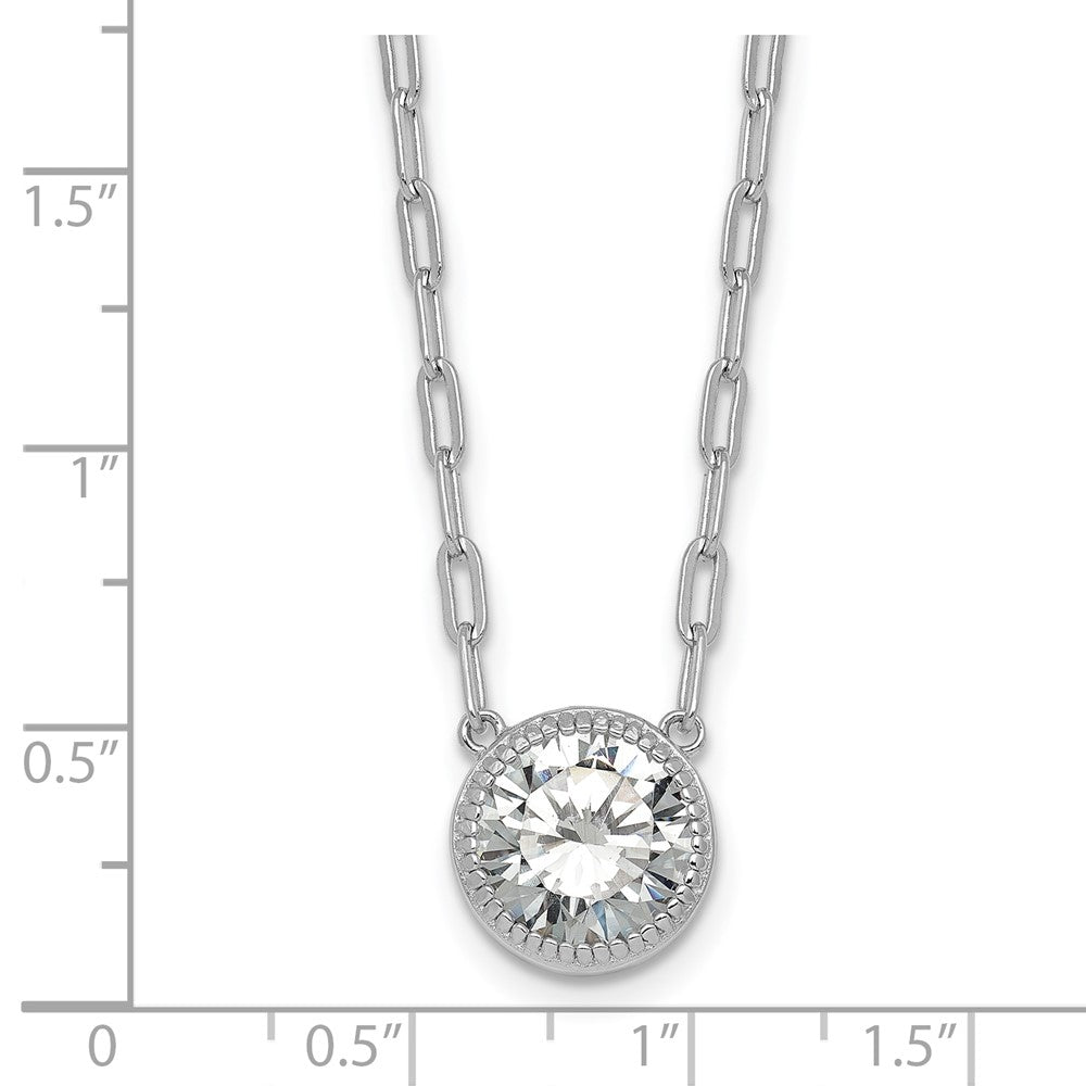 Sterling Silver Rh-Pl Polished CZ Paperclip Chain Circle w/2in Ext Necklace