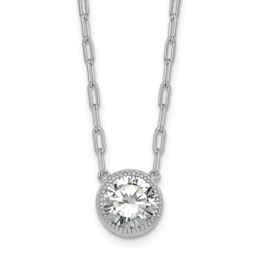 Sterling Silver Rh-Pl Polished CZ Paperclip Chain Circle w/2in Ext Necklace