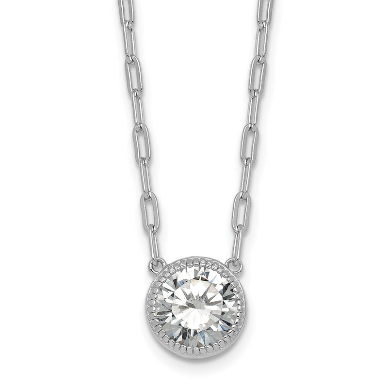 Sterling Silver Rh-Pl Polished CZ Paperclip Chain Circle w/2in Ext Necklace