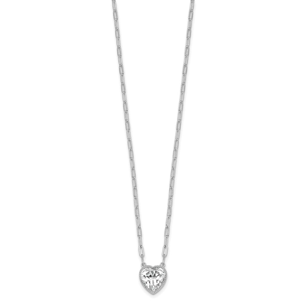 Sterling Silver Rh-Pl Polished CZ Paperclip Chain Heart w/1.75in Ext Necklace