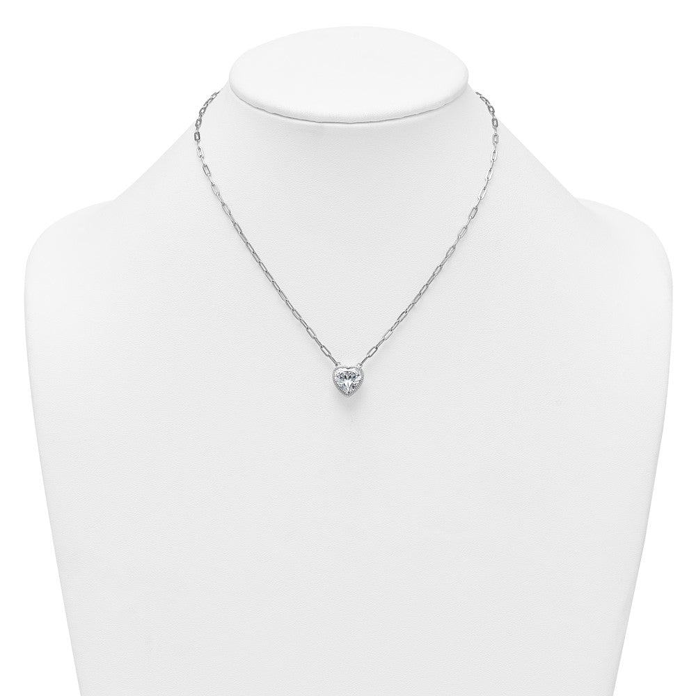 Sterling Silver Rh-Pl Polished CZ Paperclip Chain Heart w/1.75in Ext Necklace