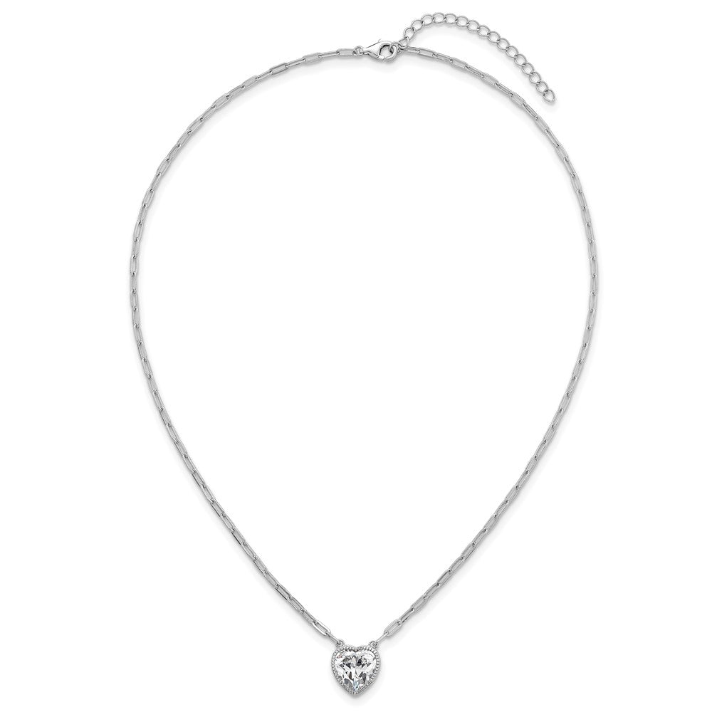 Sterling Silver Rh-Pl Polished CZ Paperclip Chain Heart w/1.75in Ext Necklace