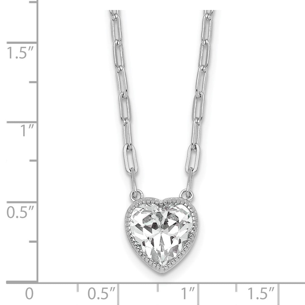 Sterling Silver Rh-Pl Polished CZ Paperclip Chain Heart w/1.75in Ext Necklace