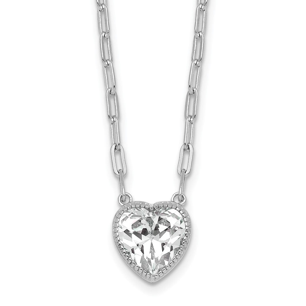 Sterling Silver Rh-Pl Polished CZ Paperclip Chain Heart w/1.75in Ext Necklace