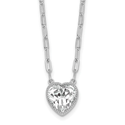 Sterling Silver Rh-Pl Polished CZ Paperclip Chain Heart w/1.75in Ext Necklace