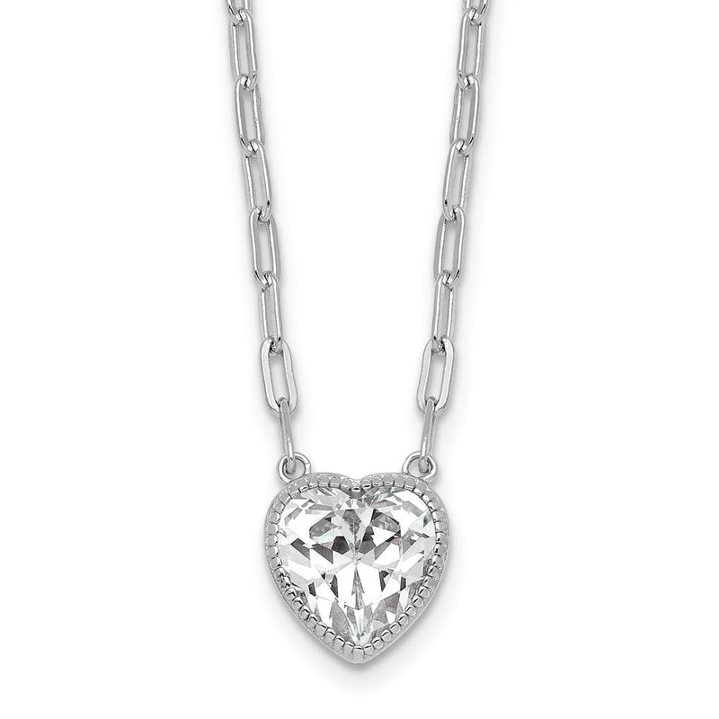 Sterling Silver Rh-Pl Polished CZ Paperclip Chain Heart w/1.75in Ext Necklace