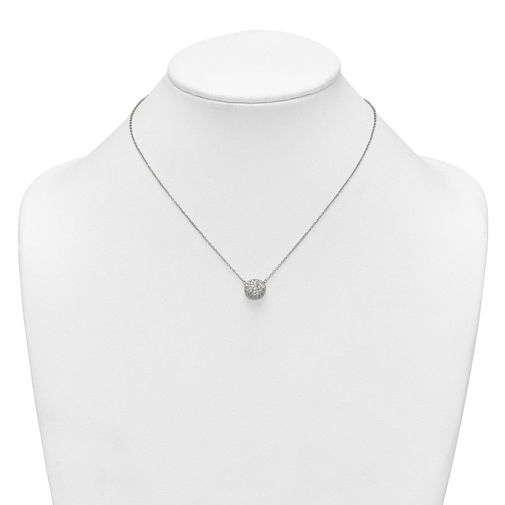Sterling Silver Polished 11.0mm Pave CZ Circle 16in W/ 2in Ext Necklace