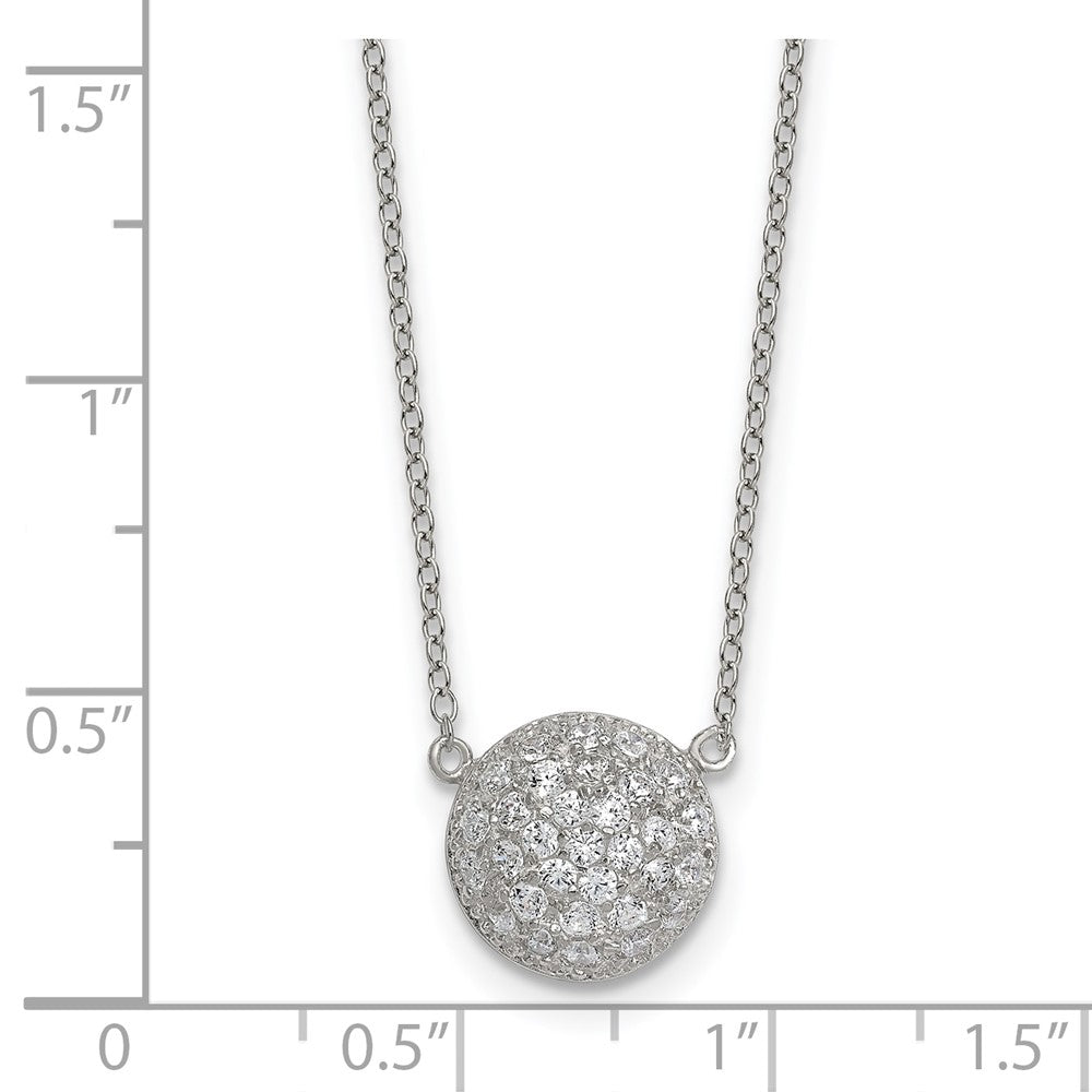 Sterling Silver Polished 11.0mm Pave CZ Circle 16in W/ 2in Ext Necklace