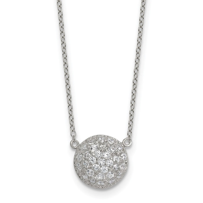 Sterling Silver Polished 11.0mm Pave CZ Circle 16in W/ 2in Ext Necklace