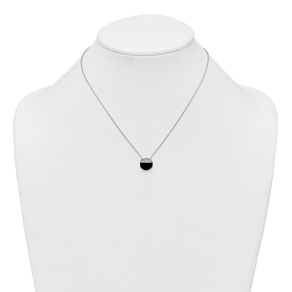 Sterling Silver Rh-Pltd Polished Black Onyx CZ Circle 16in w/2in Ext Necklace