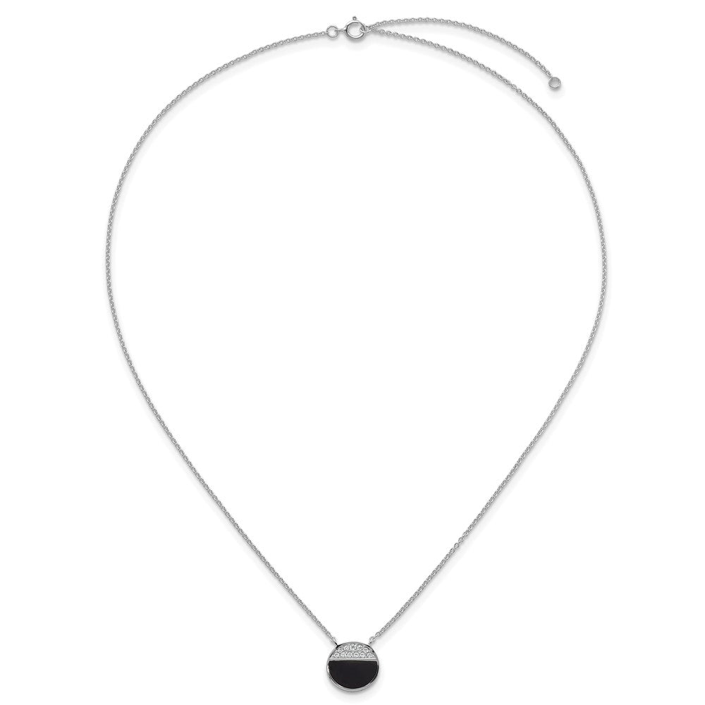 Sterling Silver Rh-Pltd Polished Black Onyx CZ Circle 16in w/2in Ext Necklace
