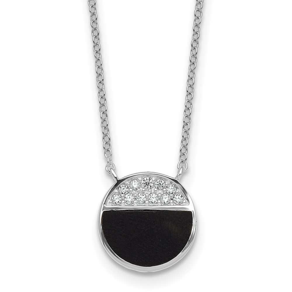 Sterling Silver Rh-Pltd Polished Black Onyx CZ Circle 16in w/2in Ext Necklace