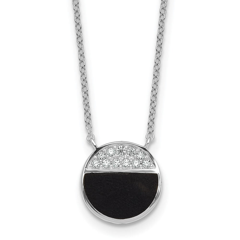 Sterling Silver Rh-Pltd Polished Black Onyx CZ Circle 16in w/2in Ext Necklace