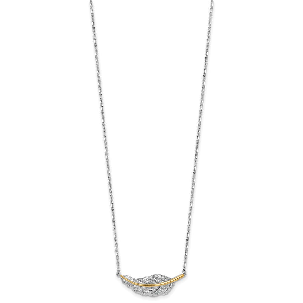 Sterling Silver Rh-Pl w/Silver/14K Two-Tone Accent Polished CZ Feather w/2in Ext Necklace