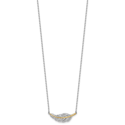 Sterling Silver Rh-Pl w/Silver/14K Two-Tone Accent Polished CZ Feather w/2in Ext Necklace