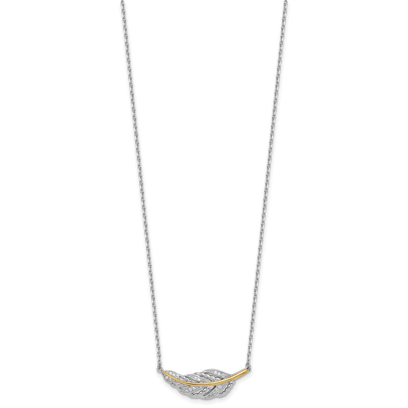 Sterling Silver Rh-Pl w/Silver/14K Two-Tone Accent Polished CZ Feather w/2in Ext Necklace