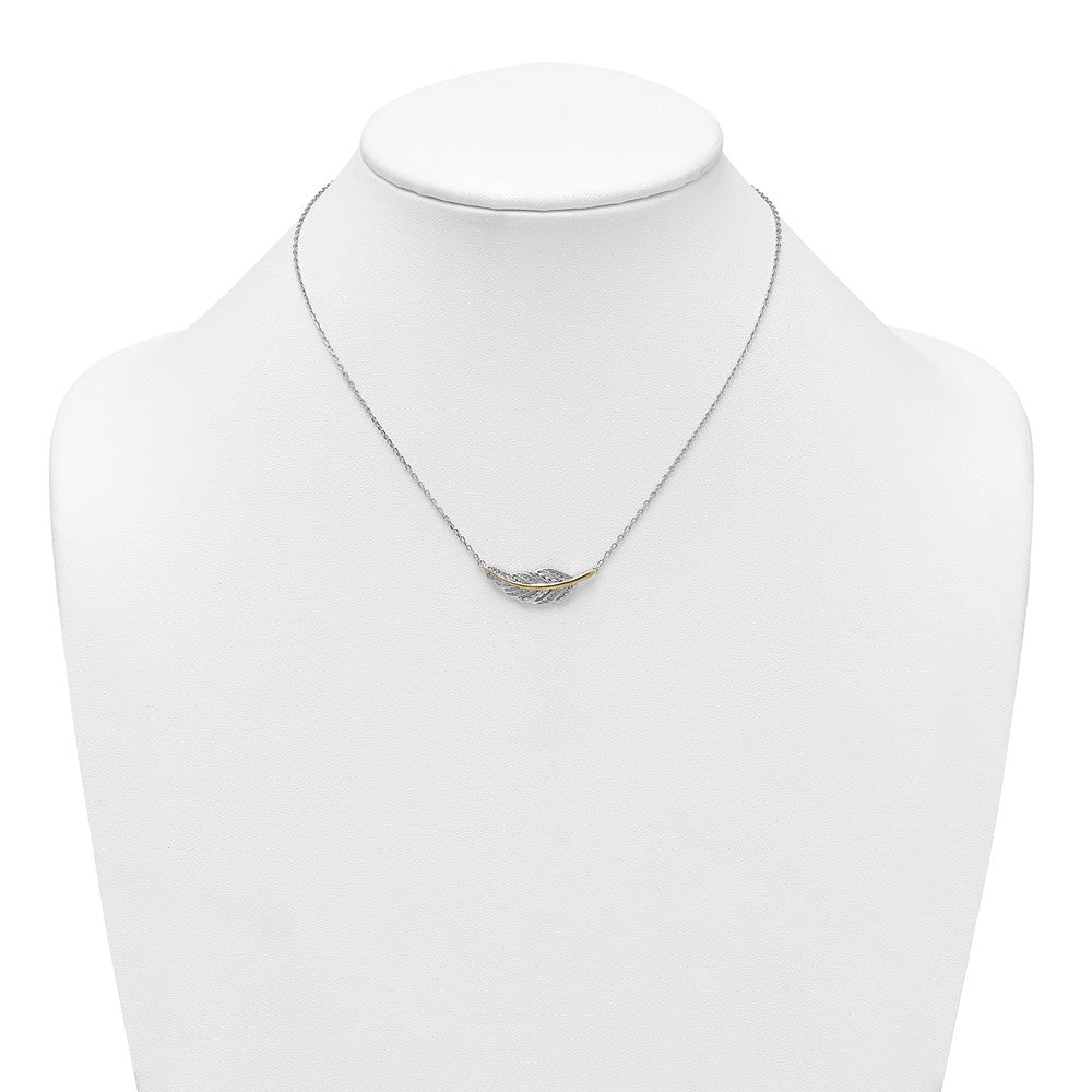 Sterling Silver Rh-Pl w/Silver/14K Two-Tone Accent Polished CZ Feather w/2in Ext Necklace