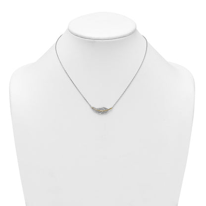 Sterling Silver Rh-Pl w/Silver/14K Two-Tone Accent Polished CZ Feather w/2in Ext Necklace