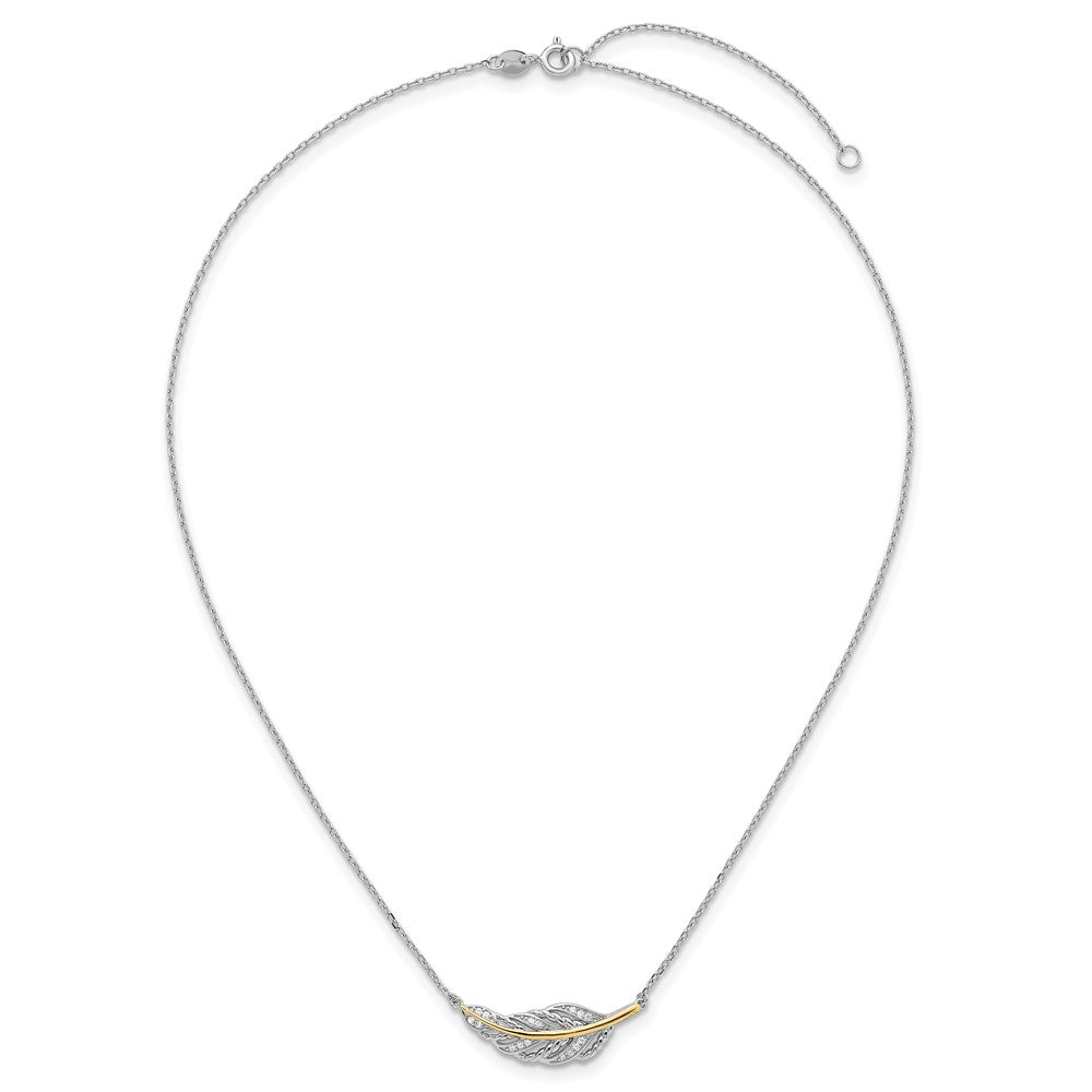Sterling Silver Rh-Pl w/Silver/14K Two-Tone Accent Polished CZ Feather w/2in Ext Necklace