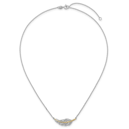 Sterling Silver Rh-Pl w/Silver/14K Two-Tone Accent Polished CZ Feather w/2in Ext Necklace