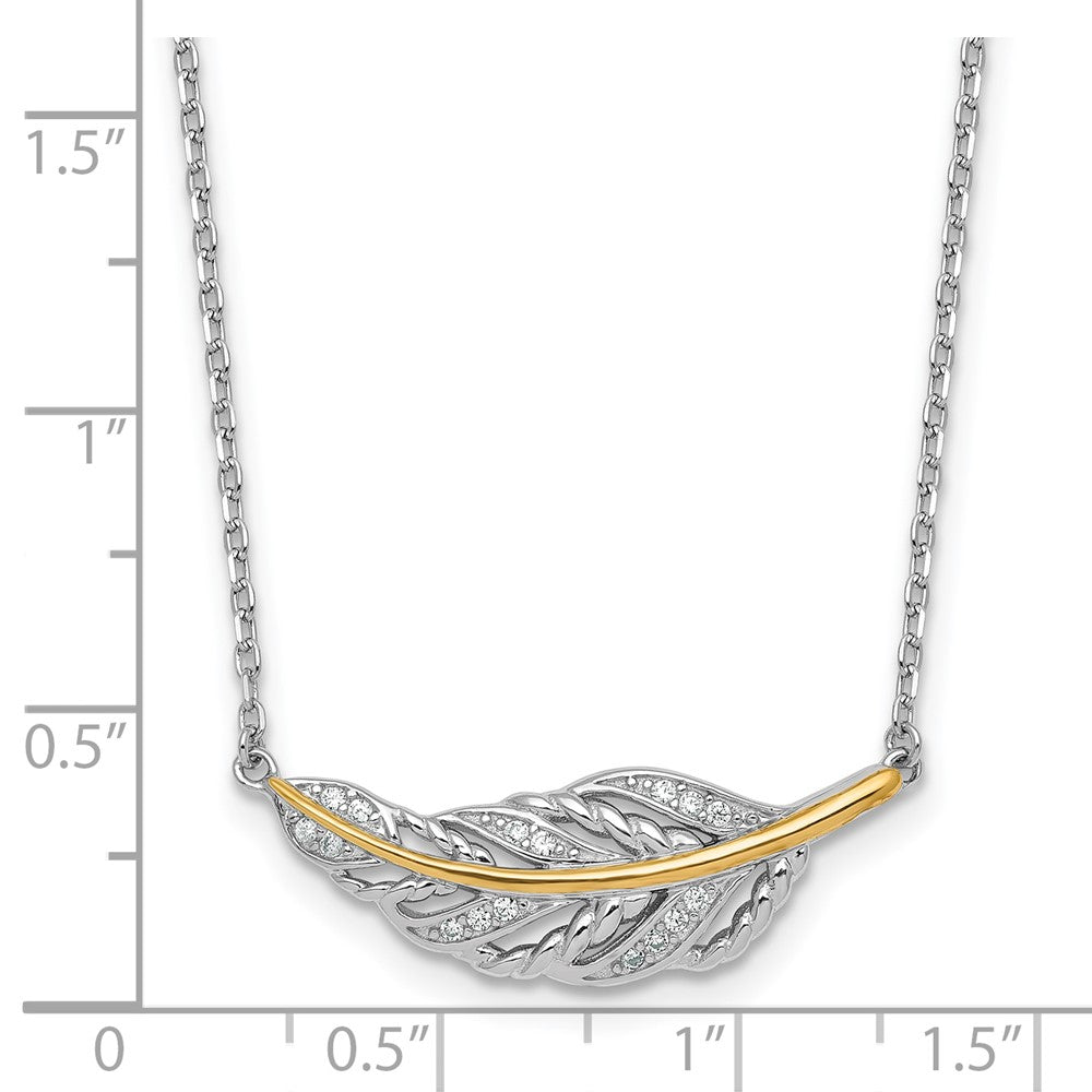 Sterling Silver Rh-Pl w/Silver/14K Two-Tone Accent Polished CZ Feather w/2in Ext Necklace