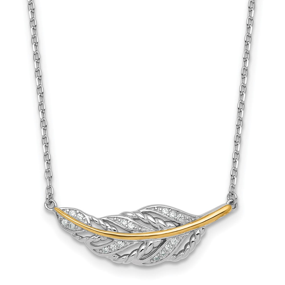Sterling Silver Rh-Pl w/Silver/14K Two-Tone Accent Polished CZ Feather w/2in Ext Necklace